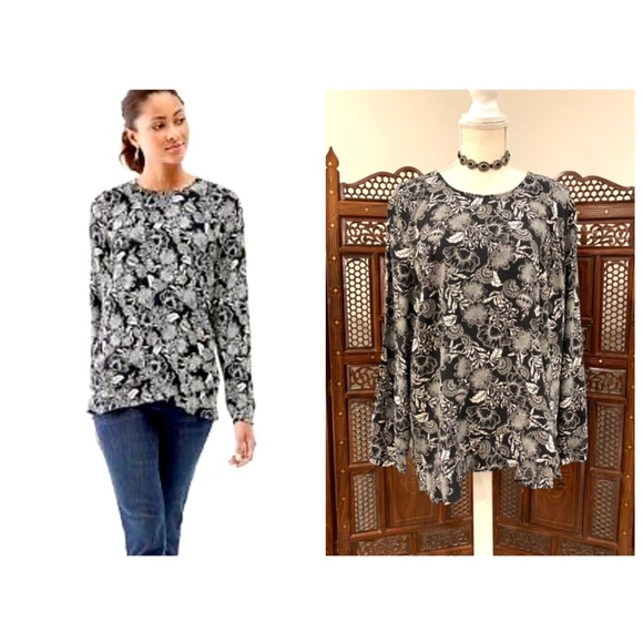 J. Jill Tops - J. JILL XL BLACK WHITE BOHO FLORAL CROSSOVER HEM KEYHOLE POPOVER CAREER TOP EUC